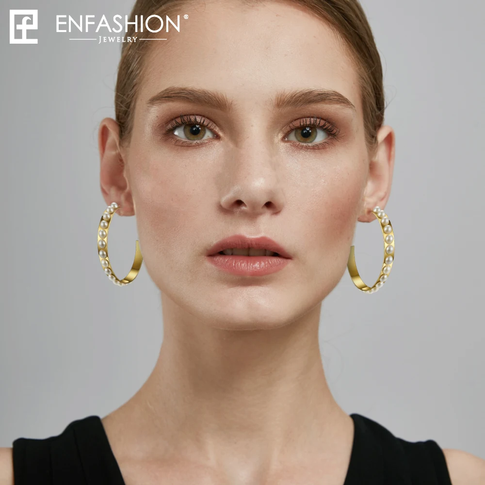 Enfashion Big Pearl Hoop Earrings For Women Stainless Steel Jewelry Circle Earring Hoops Round Earings Orecchini Cerchio 181061