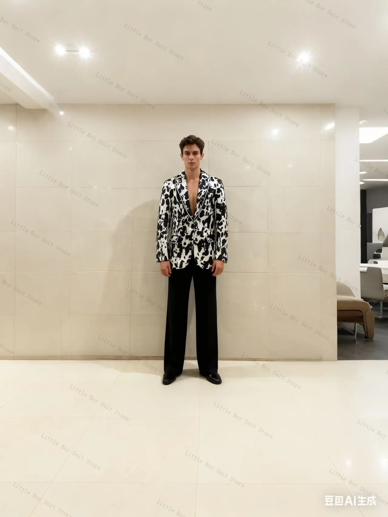 

Animal Cow Men Suit Set 2 Piece Wedding Tuxedo Jacket Blazer Pant Black Cotton Formal Office Business Party Coat Customized