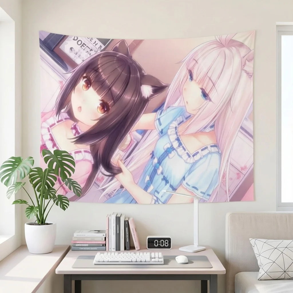 Nekopara flag Chocola Vanilla Cat Girls Pastel Frilled Pajamas Bedroom Anime flag Kawaii Teen Girls Dorm Bedroom Decor