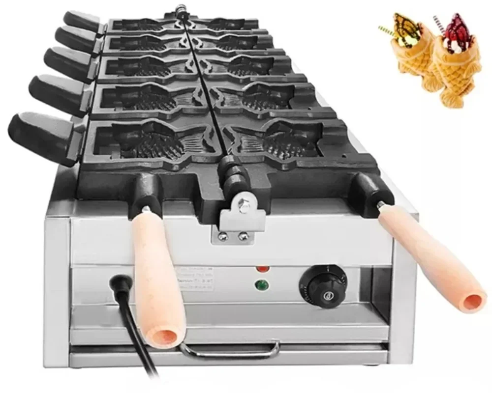 For 3KW Electric Fish Waffle Taiyaki Maker Japanese Fish-shaped Pancake Waffle Cone Making Machine