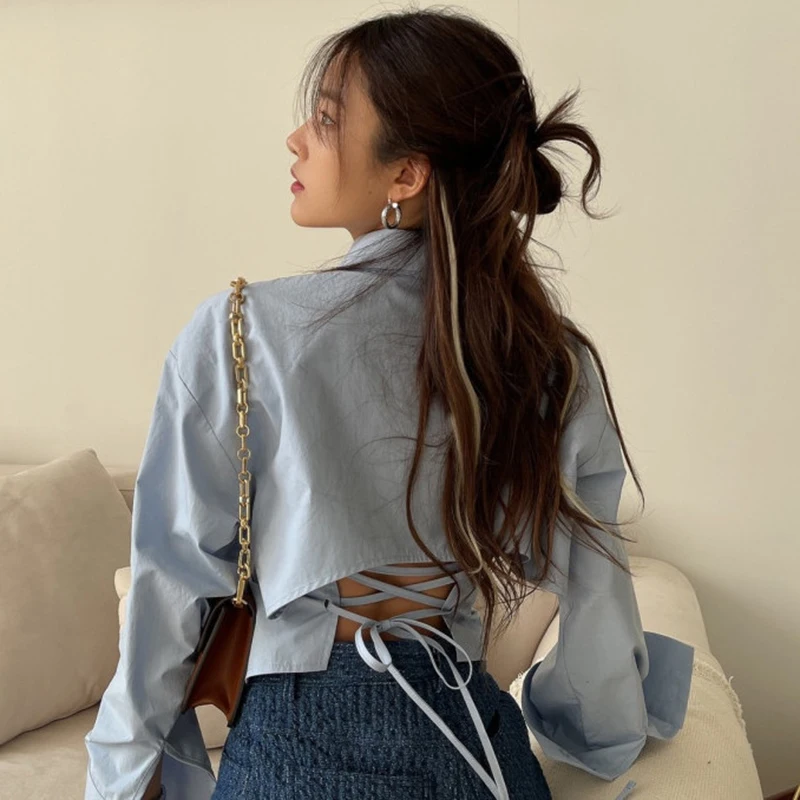 Korean Women Shirts Sweet Bandage Chic Long Sleeve Female Casual Blouse Summer New Solid Turn Down Collar Ladies Crop Tops