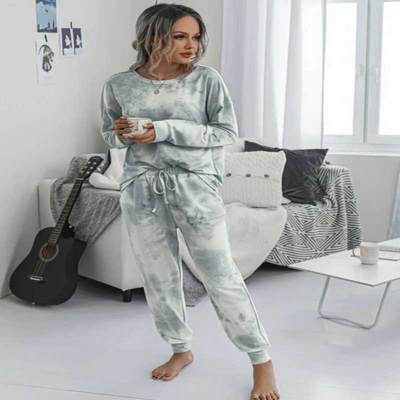 Two Piece Set Women's Casual Long Sleeve Round Neck Pajamas Homewear Set Loose Tie-Dye Printed T-Shirt Running Morning Exercise