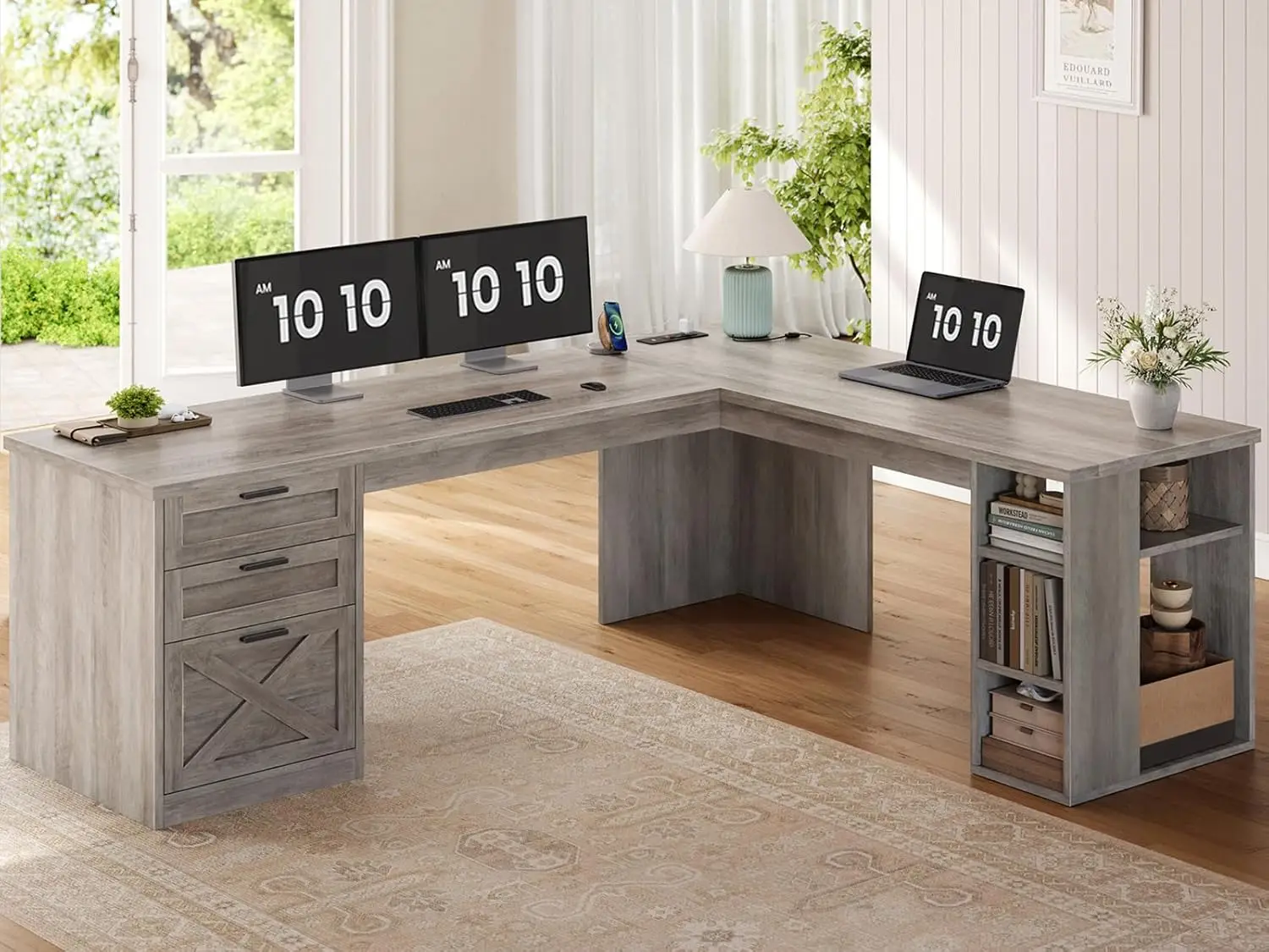 

67" L Shaped Desk with Drawers & Storage Shelves Power Outlets Corner Computer Desk Home Office Grey, Customized