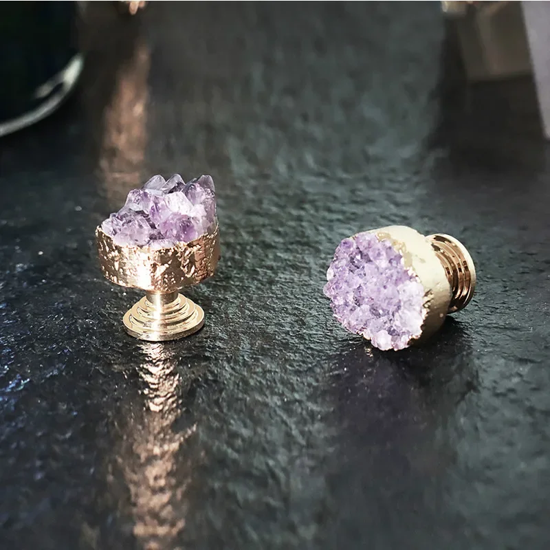 Luxury Natural Purple Crystal +brass Knobs Drawer Pulls Kitchen Cabinet Knobs and Handles Furniture Hardware