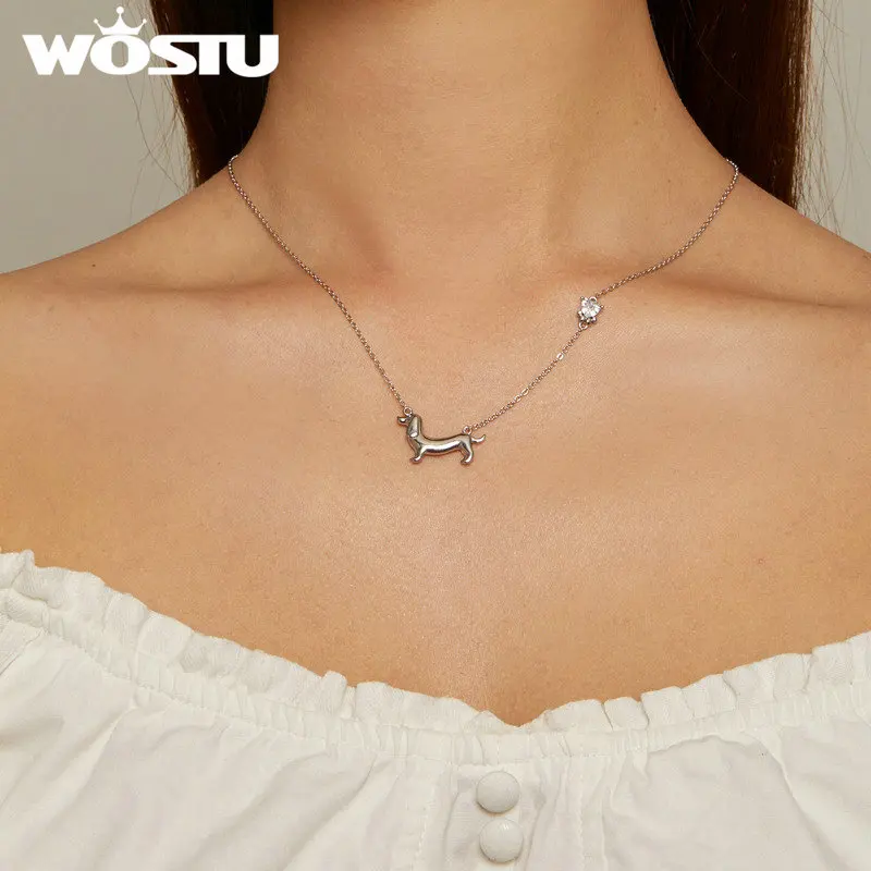 WOSTU Solid 925 Sterling Silver Cute Dachshund Dog Pendant Necklace S925 Animal Pet Paw Zircon Links Necklace Girl Birthday Gift