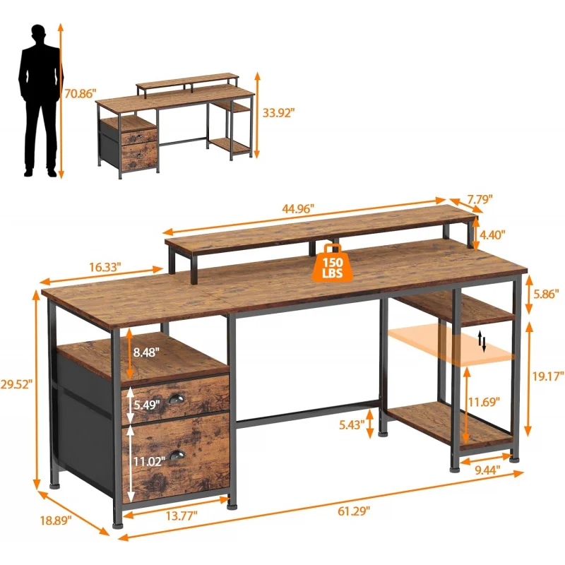   Rustic Brown  61in NO Outlets Desk with Fabric File Drawer, Reversible Computer Shelves and , Industrial Writin