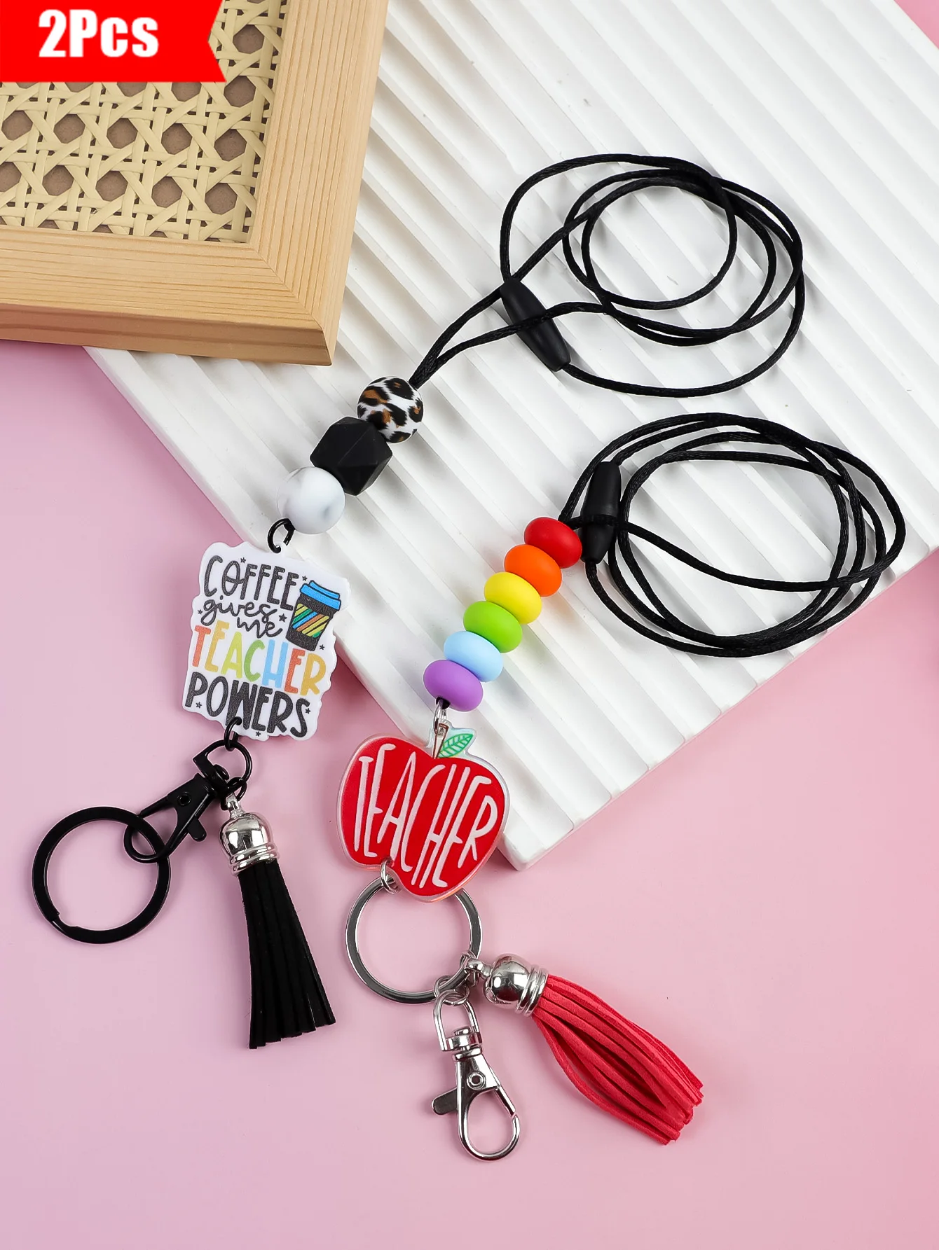 2PcsTeacher Themed Beaded Lanyard Keychain  Rainbow Silicone Bead Lanyard with Tassel, Trendy Teacher Gift for Back to School
