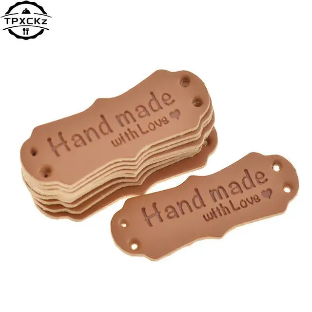 50 sztuk PU skórzane etykiety tagi dla Handmade DIY kapelusze torby ręcznie wykonane z miłością etykiety na ubrania do szycia tagi dodatki do odzieży