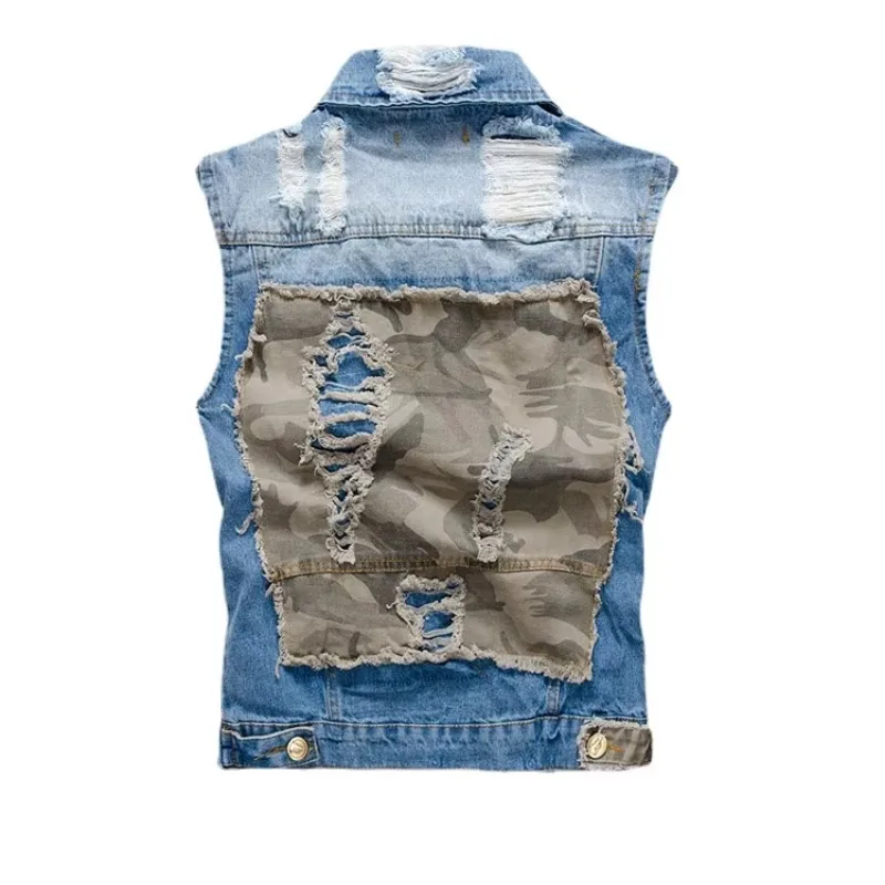 New Summer Men Light Blue Denim Vests Jackets Fashion Male Denim Waistcoats Vests Man Cotton Streetwear Holes Jeans Vests 5XL