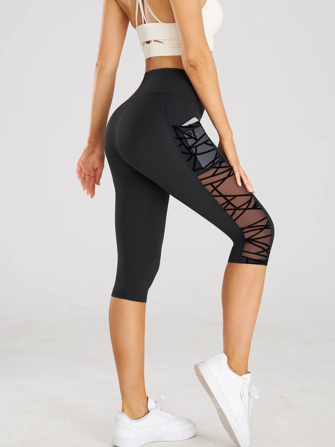 Hohe Taille Yoga Crop Hosen Leggings mit Taschen Sport Fitness Casual enge Yoga Hosen Side Cross Mesh Stitch Capri Leggings – Detail 6