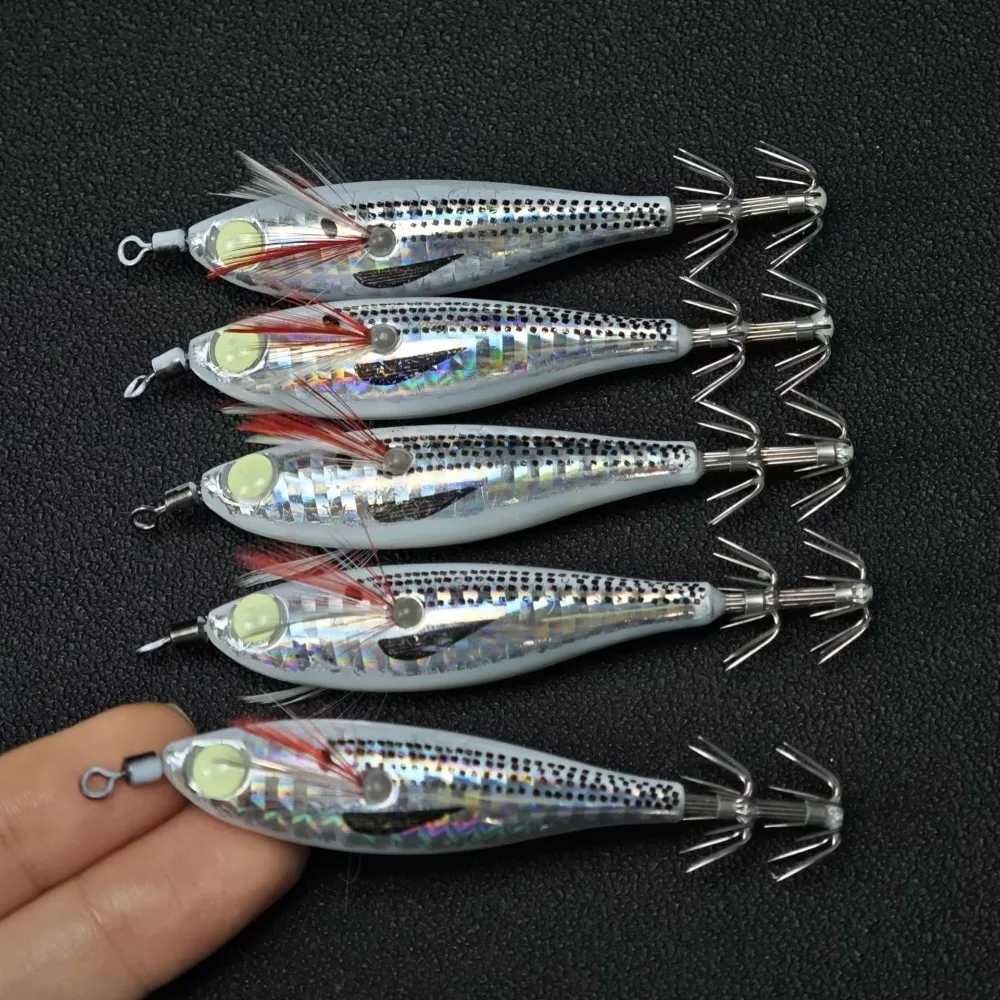 5pcs Luminous Wood Shrimp Bait Horizontal Squid Jig Sea Fishing Lure Egi Set Octopus Fishing Lure