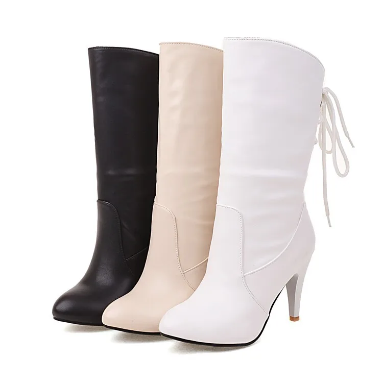 

Women's Mid-Calf Knight Boots Autumn Winter High Heel Simple Sle Ba Strap Large Size Rubber Outsole round Toe Booties