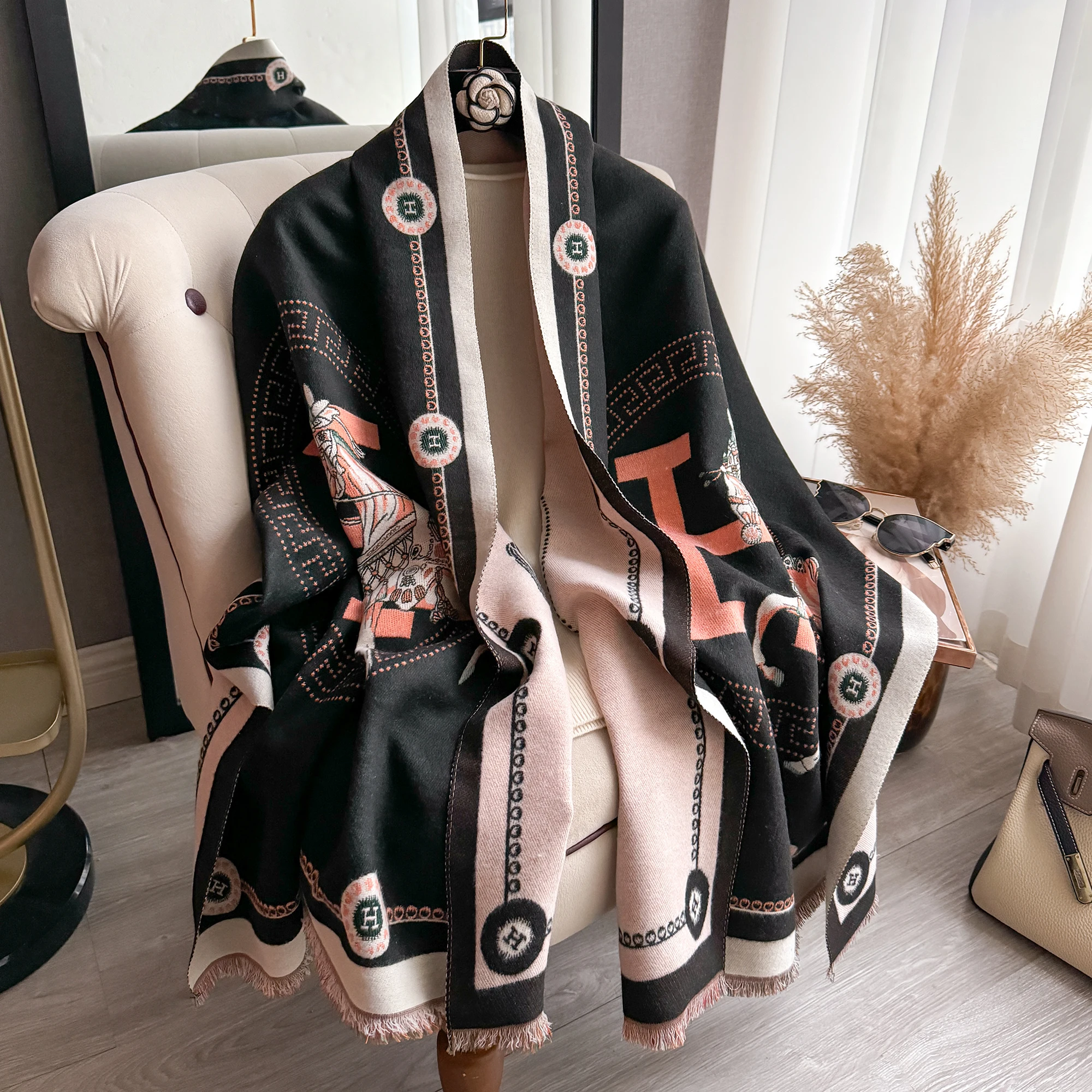 2024 New Winter Women's Horse Print Cashmere Feel Scarf Winter Thickened Fashion Warm and Versatile Shawl Bufanda Poncho Echarpe