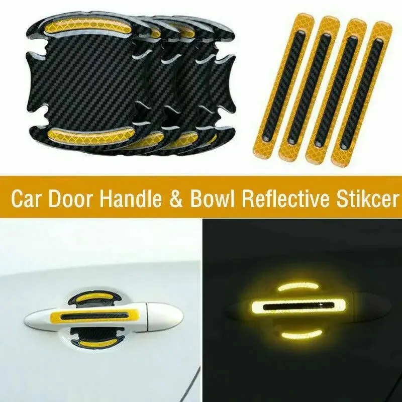 

3D 8pcs Car Reflective Sticker Tape Reflector Fender Warning Bumper Strip Door Handle Bowl Cover Car Exterior Accessories Set