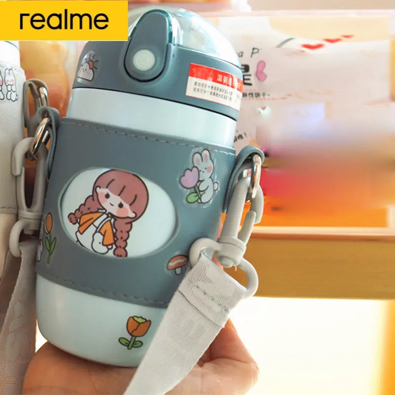 realme 360Ml Insulation Cup Cartoon 316 Stainless Steel Straw Thermos Cup With Lanyard Cross-Carried Student And Child Straw Cup