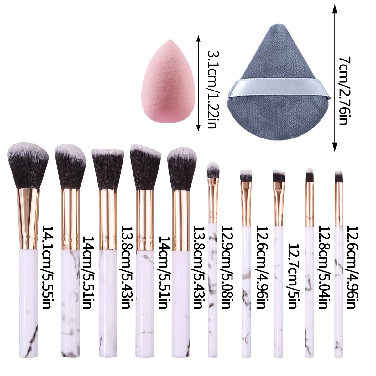 10PCS Marbled loose powder blush makeup brush set +3PCS mini sponge egg +1PCS triangular powder puff beauty tool