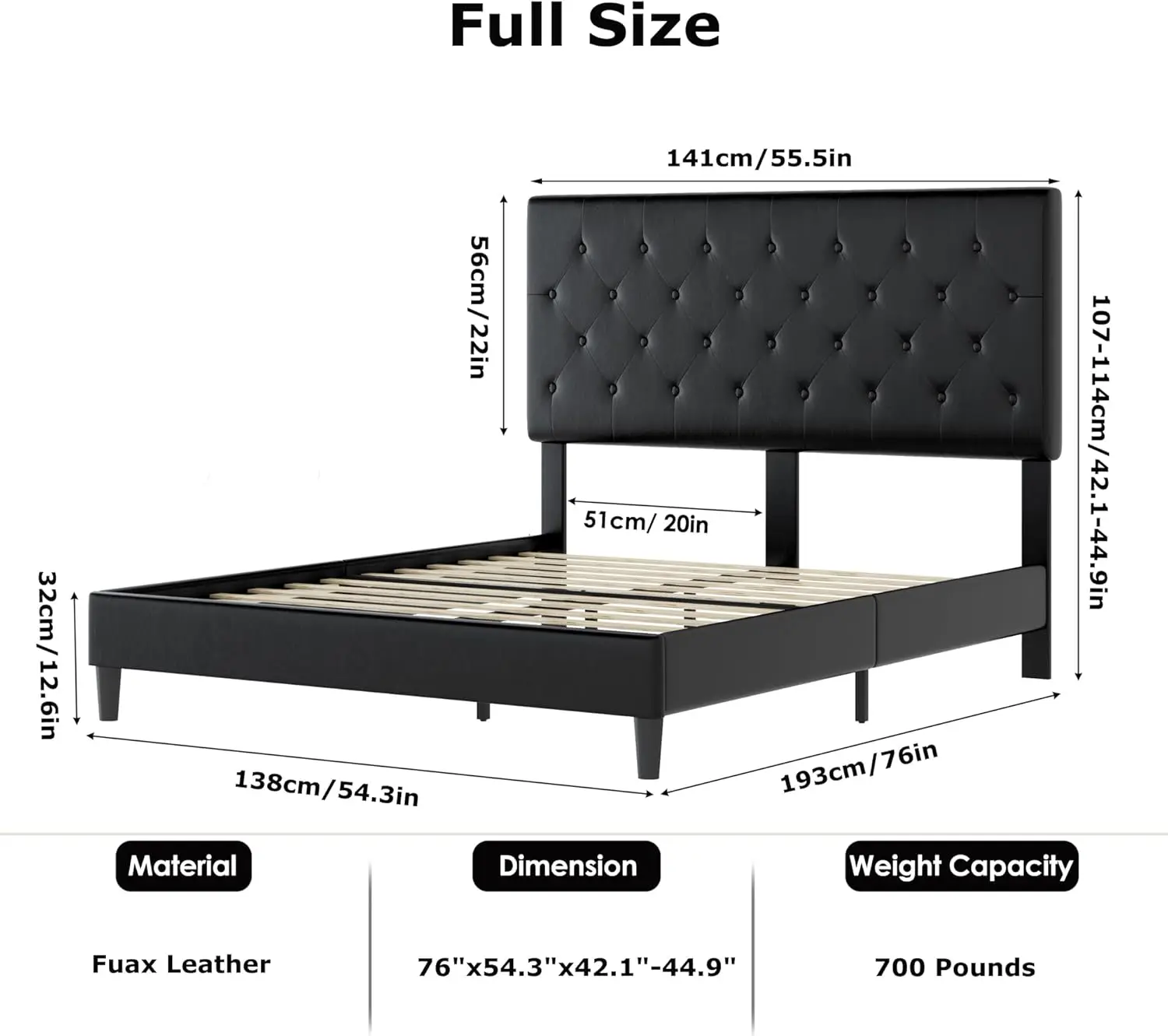 Keyluv Upholstered Platform Bed Frame With Button Tufted Headboard, Faux Leather, Wooden Slats Support, No Box Spring Needed,