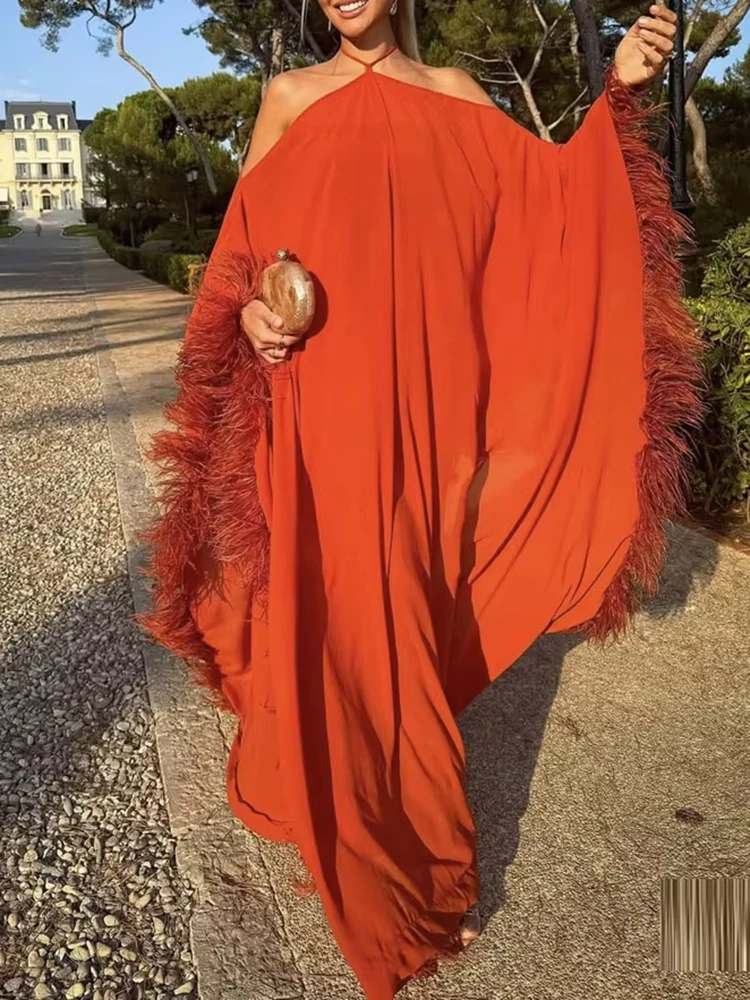 New Autumn Temperament Birthday Dress Halter Design Loose Women Robe Dress Feather Splicing Batwing Sleeves Solid Evening Dress