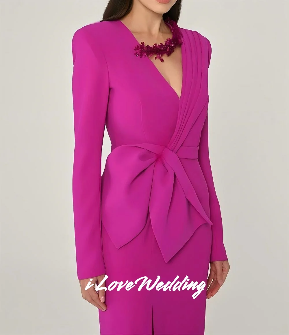 Fuschia – robe de soirée trapèze, col en v, nœud perlé, manches longues, fente latérale, longueur thé, robes d'occasion sur mesure plissées personnalisées