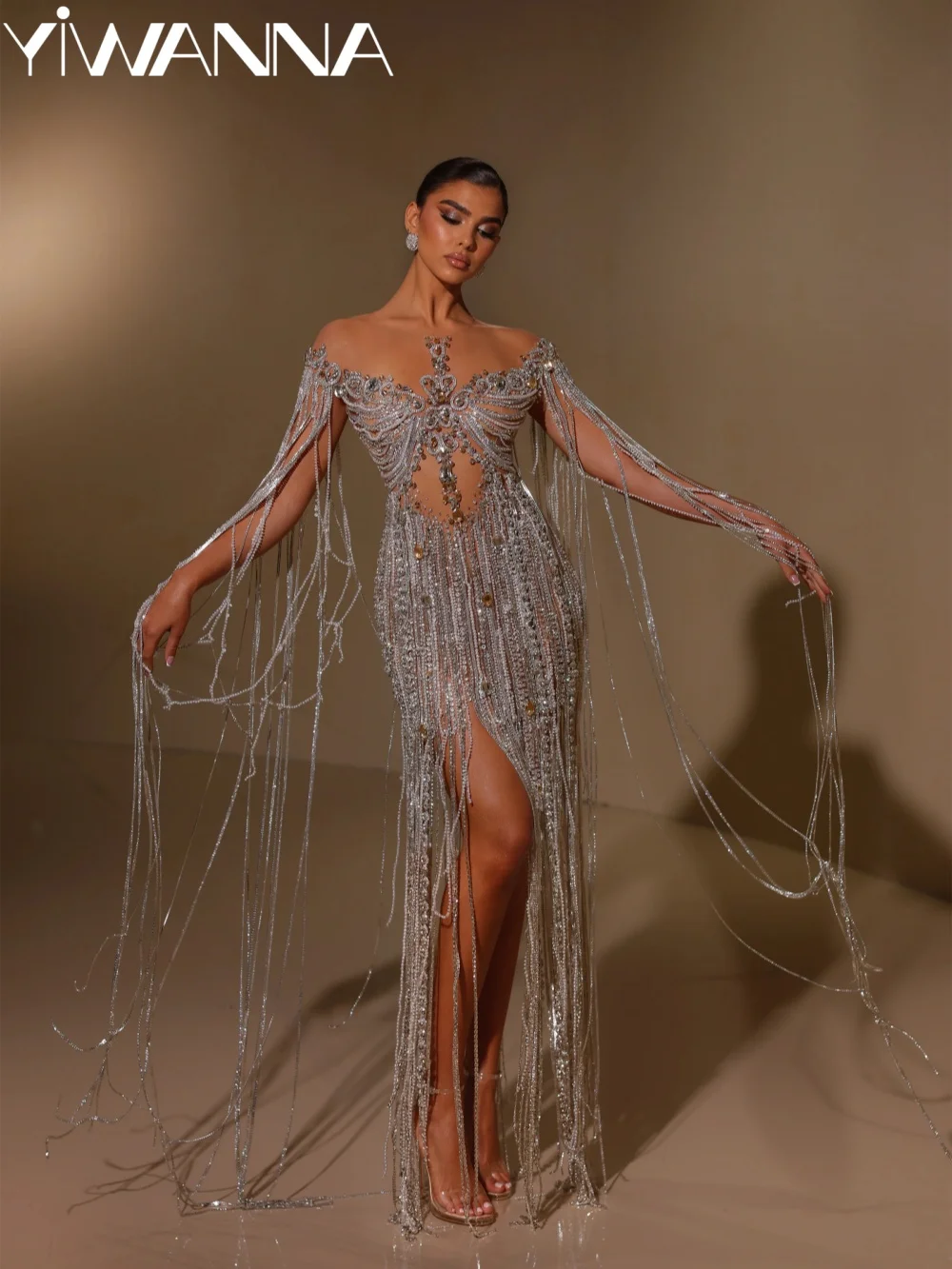New Exquisite Beaded Tassel Wedding Dress Glamorous Rhinestones Wedding Party Gown New Customized Cape Sleeve Dresses For Bride