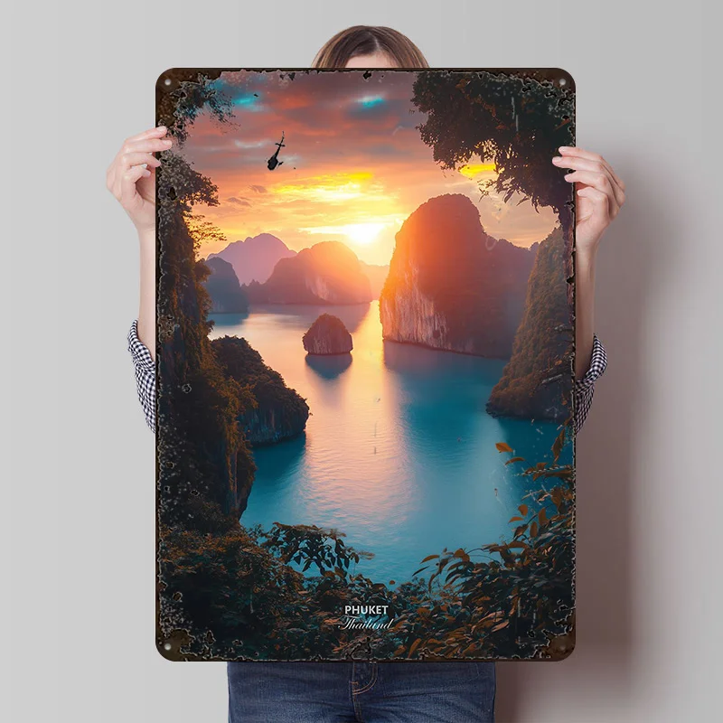 Phuket Island Thailand Sonnenuntergang Landschaft Gedruckt Poster Retro Vintage Wand Kunst Metall Zinn Zeichen für Home Zimmer Mann Höhle Zauberstab Deko