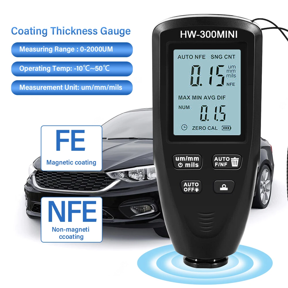 

Высокоточный цифровой толщиномер покрытий HW300-MINI для измерения толщины краски на автомобилях, с защитой от скольжения