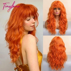 Cosplay Ginger Orange Długie kręcone peruki syntetyczne z grzywką Głębokie fale Lolita Włosy dla kobiet Halloween Impreza Codzienny Odporny na ciepło