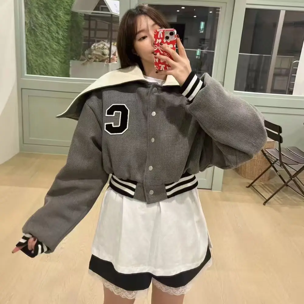 College Sle Baseball Jaet Donna Anti-età Versatile Thiened ort Cerniera Jaet in cotone con cappuccio Colletto ampio