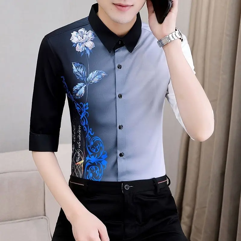 Summer KPOP Fashion Style Harajuku Slim Fit Ropa Hombre All Match Casual Shirt Square Neck Printed Button Short Sleeve Blusa