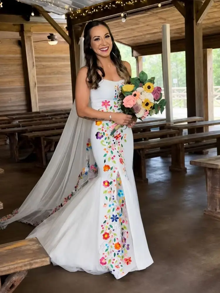 Strapless Mermaid Embroidery Wedding Dress Colorful Floral Front Slit Long Train Satin Mexican Country Bridal Gown Customized