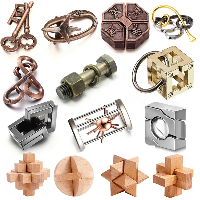 Brain Teasers Metal And Wooden Puzzles Unlock Interlocking Toys Mind IQ Logic Test Travel Fun Interesting Gifts For Kids Adults