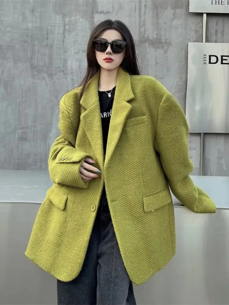 Insozkdg Mustard Green Woolen Women Jackets 2025 New Autumn Winter High-end Sense Loose Mid-length Casual Coat Women Clothing