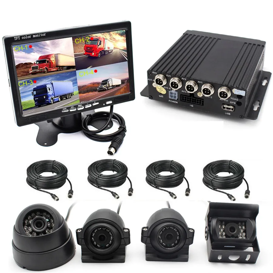 4CH Car Truck Bus DVR MDVR Video Recorder 7'' LCD Monitor+4 Night Camera