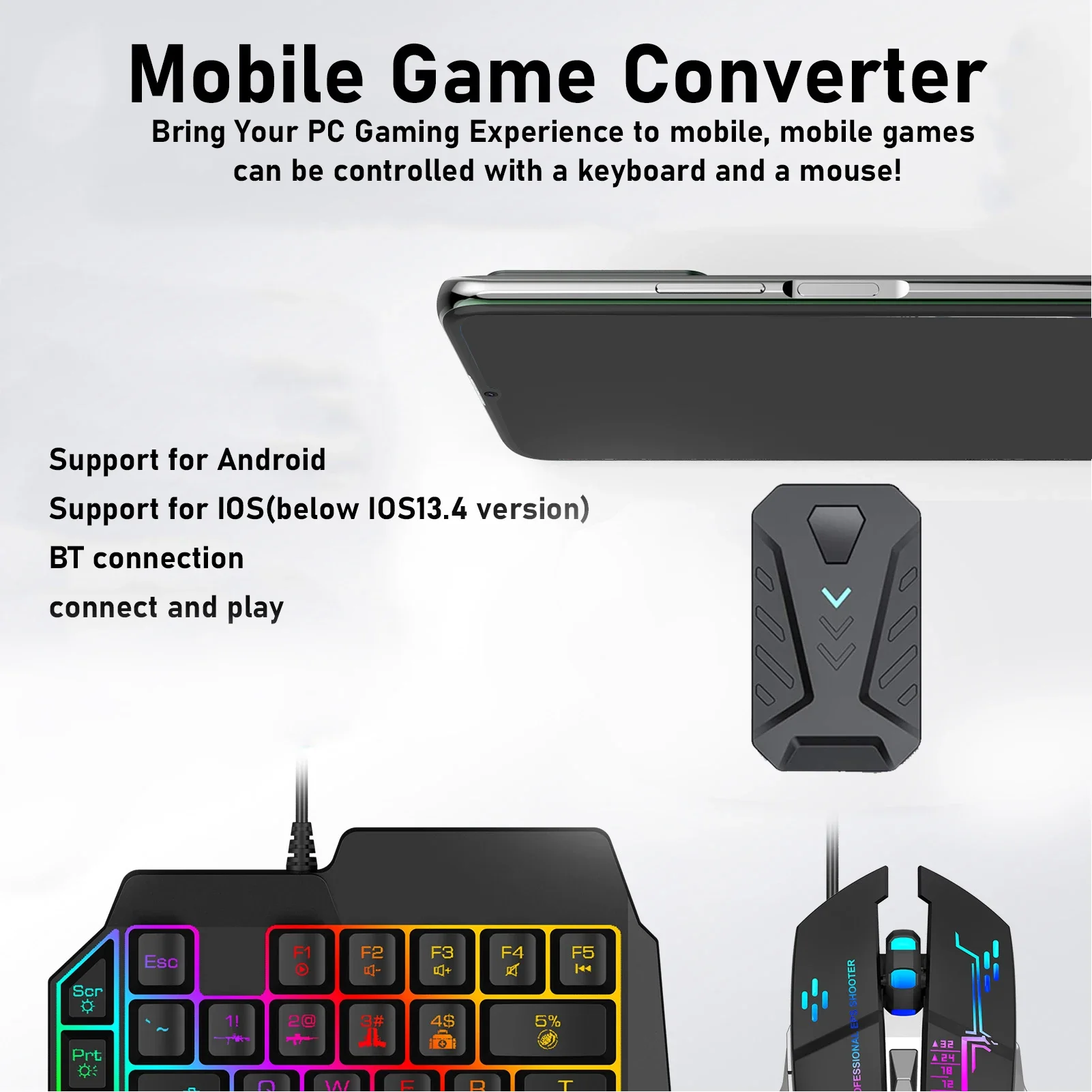 RGB Gaming Keyboard Mouse Converter One Handed Wired Blurtooth 35 Keys + 6 Buttons  Set for iOSMix Pro+F for Android