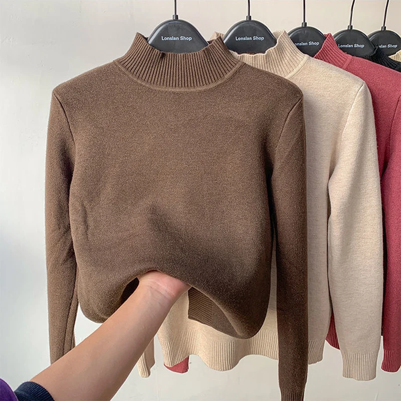 Sweaters Casual Half Turtleneck Plush Velvet Lined Thicken Knitted Pullover Women Winter Warm Knitwear Jumper Soft Malhas Jersey