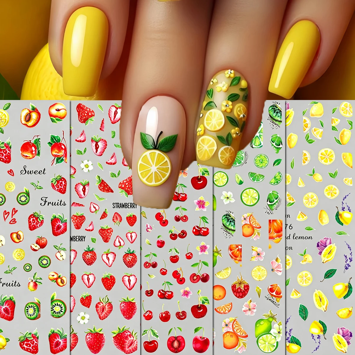 3d Nail Art Stickers Lemon Cherry Strawberry Peaches Apples Fruits Nails Decals Decorations For Nails Art Manicures Tips