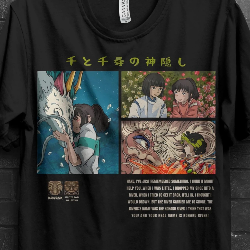 2026 Summer Spirited Away Chihiro And Haku Classic Scene Panel Graphic Black T-Shirt Unisex Oversized Y2K Streetwear Cotton Tee