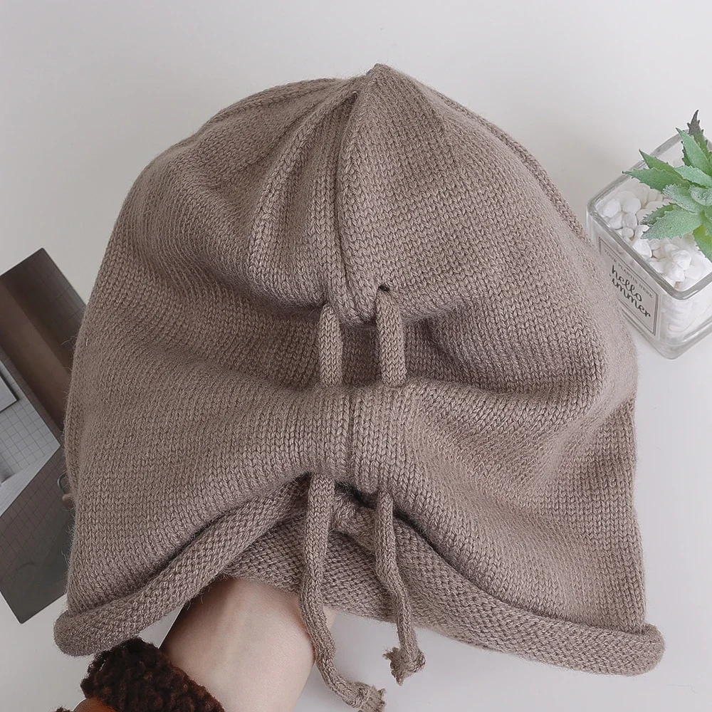 Weiche Baggy Beanie Hut Frauen Korea gestrickte Schädel kappen im Freien verstellbare Kordel zug Kpop Slouchy Streetwear Kopf bedeckung Motorhaube