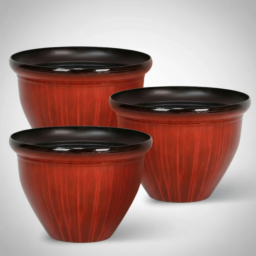 

12-Inch Round Red Plastic Planters with Drain Holes, 4-Pack Glossy Bell-Shaped Flower Pots for Indoor/Outdoor Use