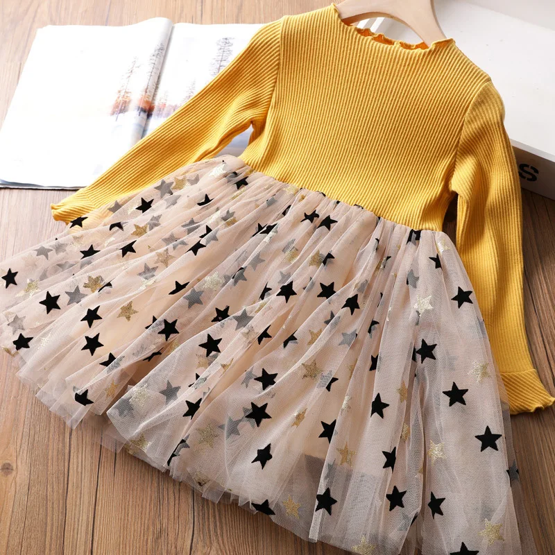 Black Long Sleeve Sweater Tulle Dresses Child Girl 3 4 6 8 10 Year Kids Winter Clothes Yellow Tutu Gown Fashion Ins Starry Dress