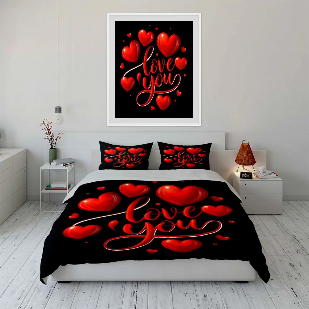 Red Heart Balloon Love Theme Black background Print Soft Comfortable Duvet Cover Bedding Set Included 1Duvet Cover 2Pillowcases