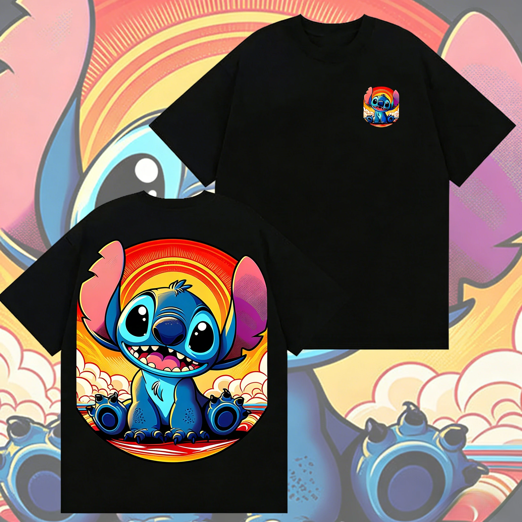 

Футболка Disney Summer Star Baby Sunset Stitch из 100% чистого хлопка с принтом для мужчин и женщин, повседневный свободный и дышащий топ Y2k