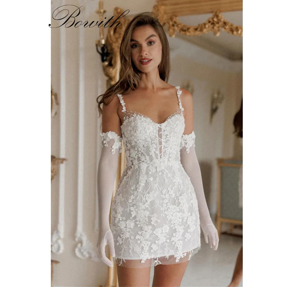 

Bowith Lace Short Wedding Dresses Spaghetti Straps Appliques Luxury Mini Wedding Party Dresses Customized Bridal Gown Lace-up