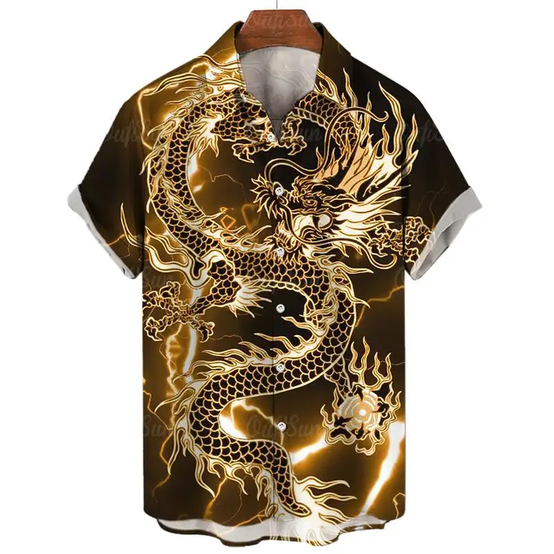 Men's Fashion Casual Short Sleeve Beach Shirts Full Print Dragon Pattern Hawaiian Shirt New In Button Up Aloha Shirts