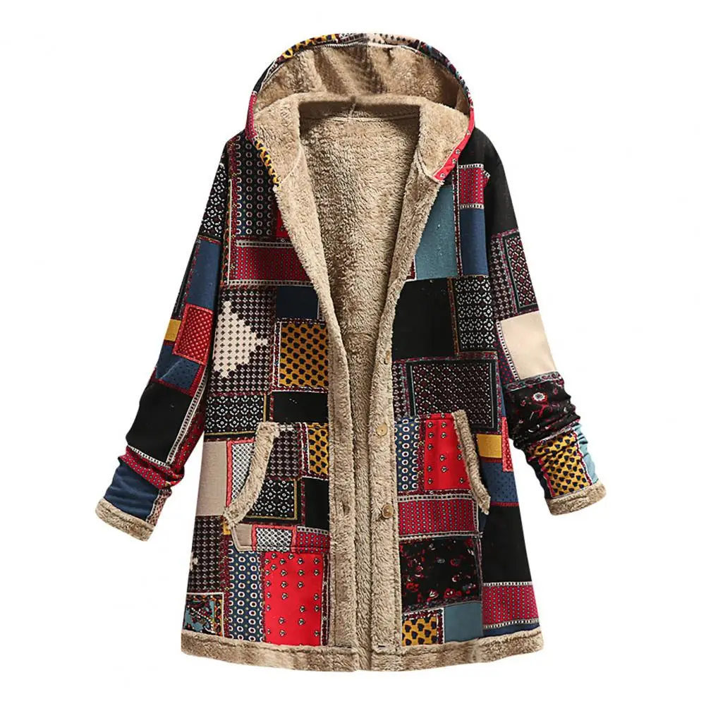 Women Overcoat Keep Warm Hooded Polyester Ethnic Pattern Winter Coat for Daily Wear Jackets for Women Vintage Coats