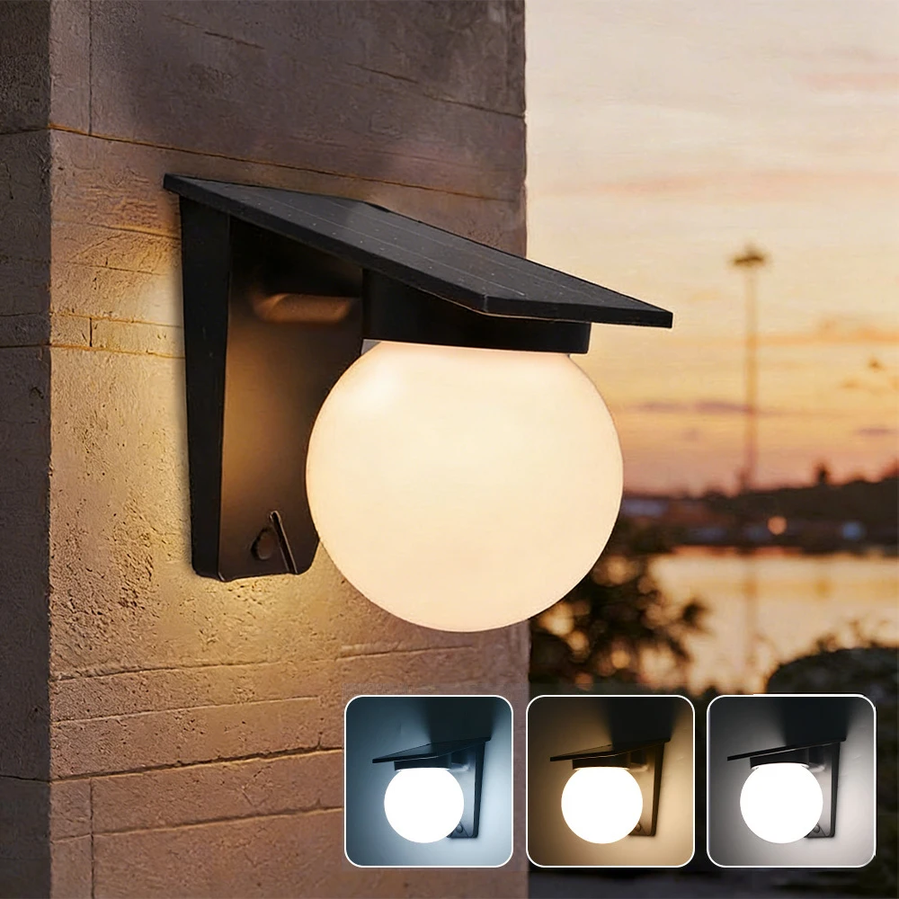 

Уличный солнечный светильник 10 Вт, IP65, водонепроницаемый, трехцветный светодиодный сферический настенный светильник для крыльца, террасы, сада, гаража, виллы