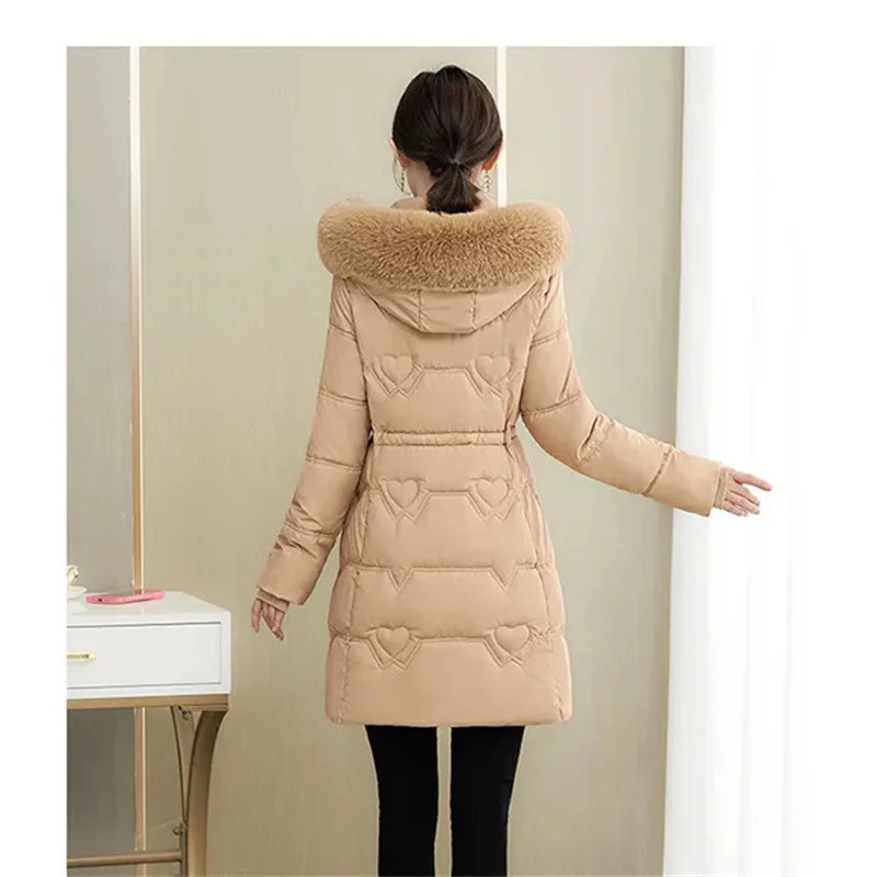 2023 Winter Parkas Women Cotton-Padded Jacket Women\'s Fur Collar Cotton Liner Jacket Slim Long Thick Coat Hooded Female Green