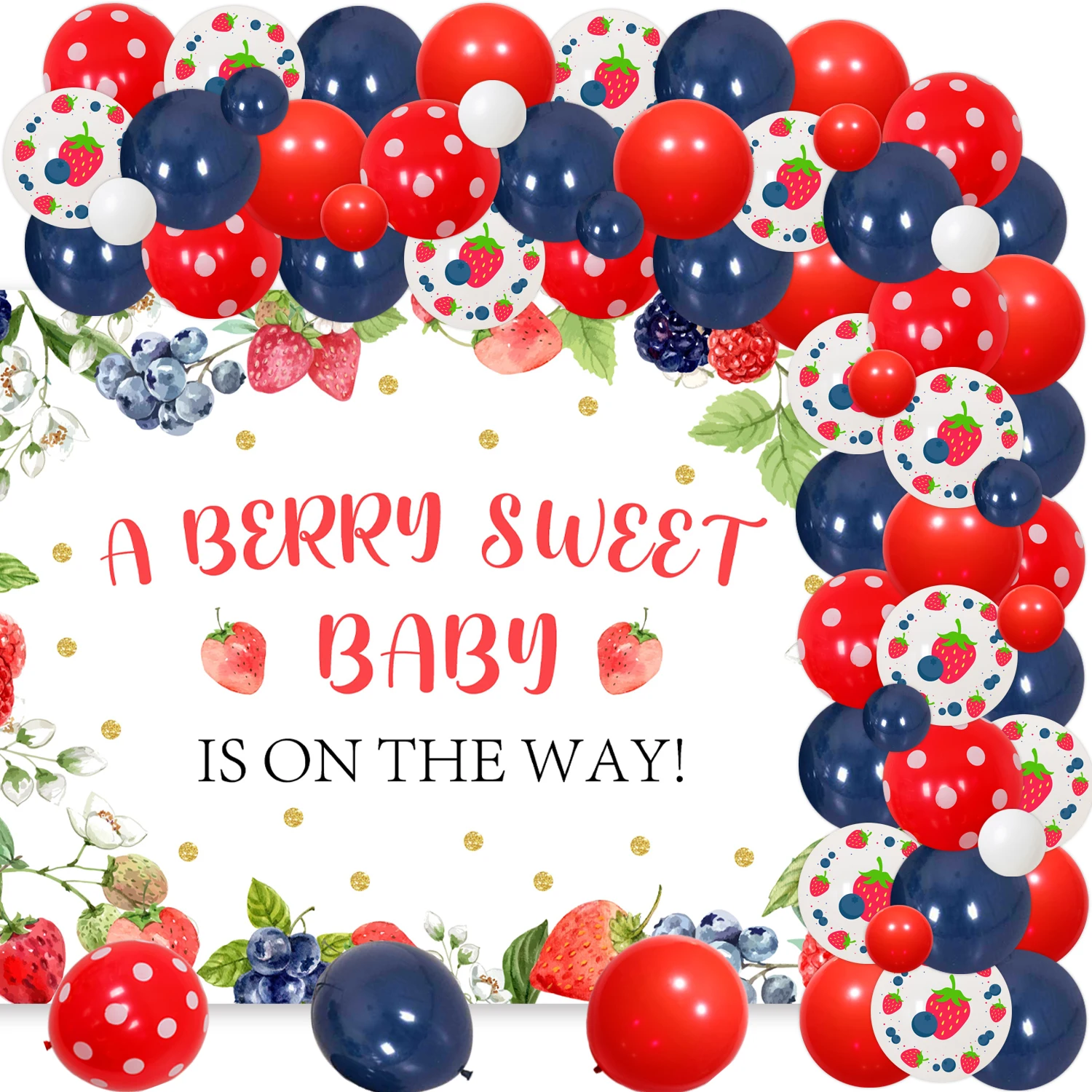 

Balloon Garland Arch Kit with A Berry Sweet Baby is on the Way Backdrop, Blueberry and Strawberry, Party Decor, Baby Shower