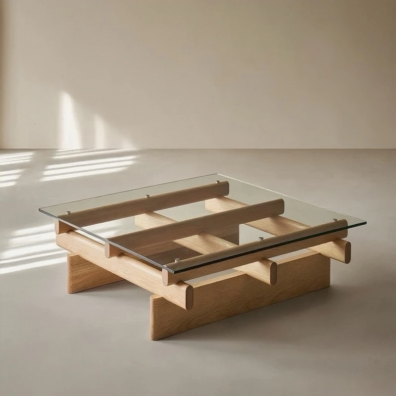 

Nordic medieval solid wood coffee table living room light luxury high-end tempered glass tea table, modern tea table