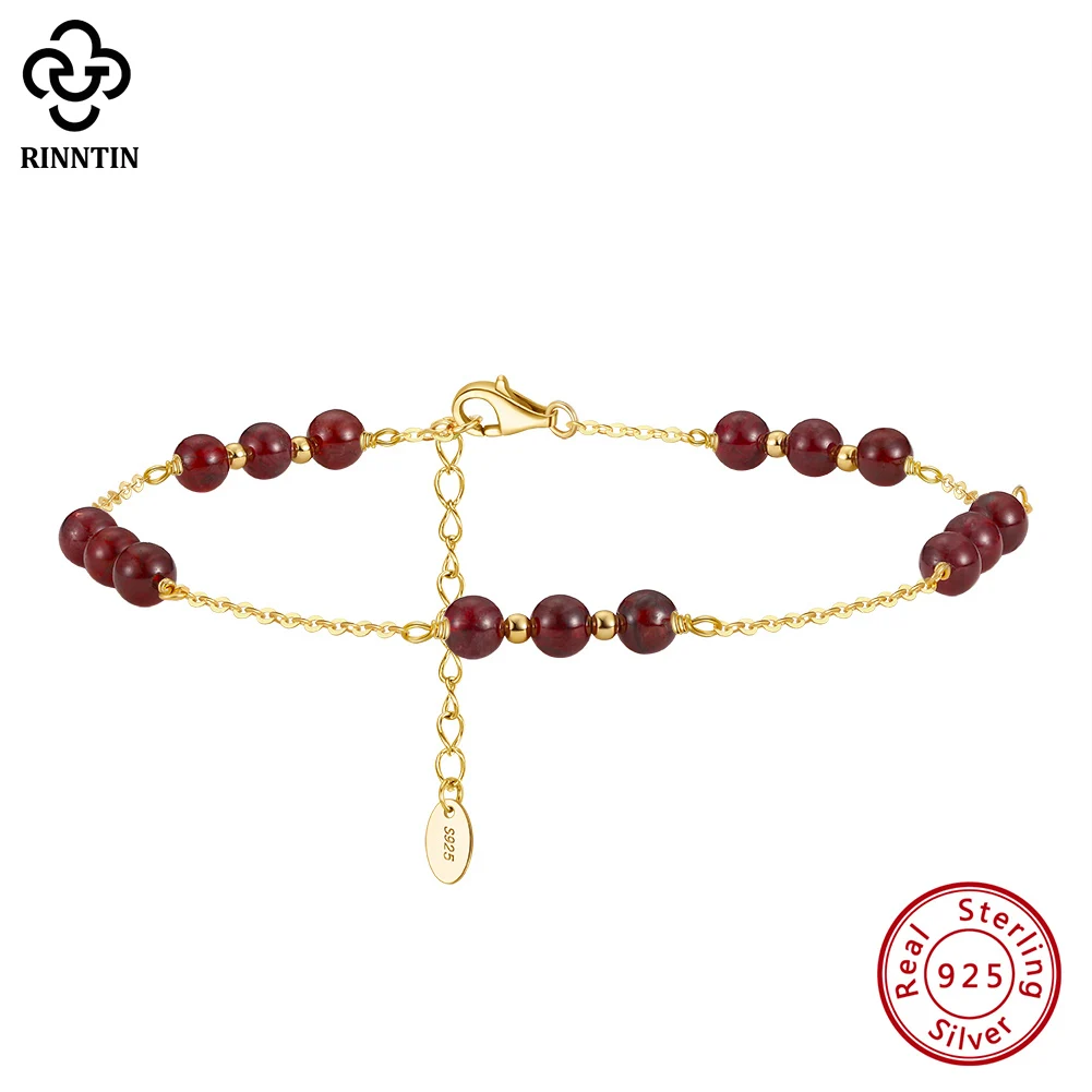 

Rinntin натуральный камень красный гранат браслет из стерлингового серебра 925 пробы золотого цвета 4 мм круглые бусины гранат ножной браслет с застежкой-лобстером SA46